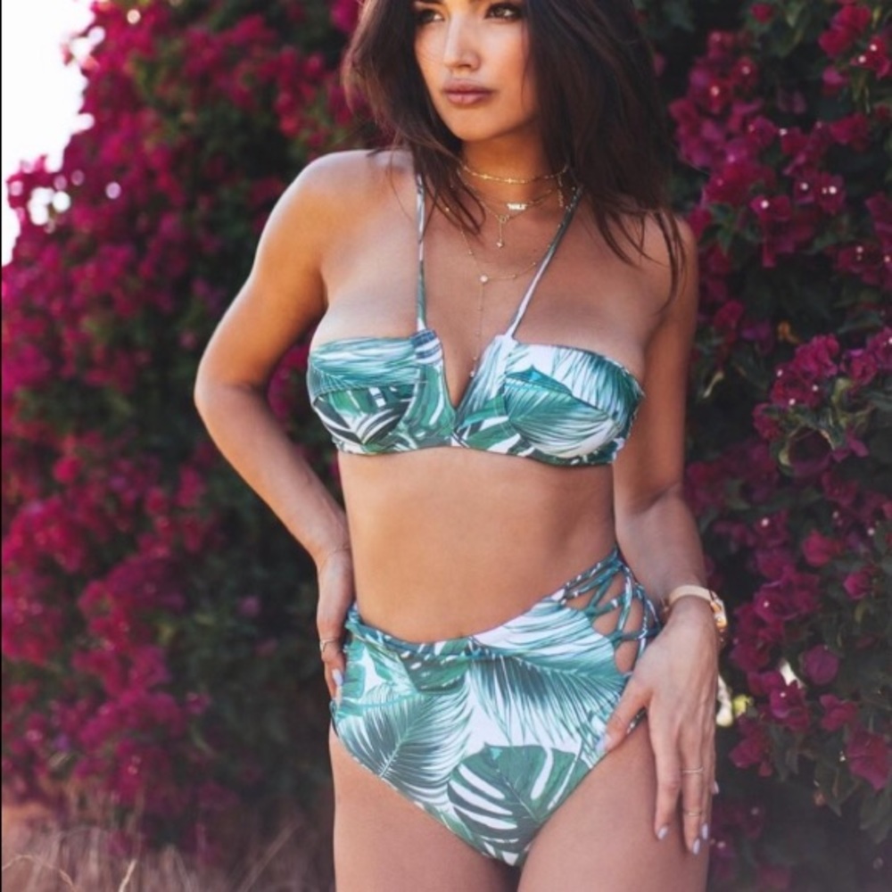 Young & Reckless Bikini Set Palms Print Green Top S Bottom M